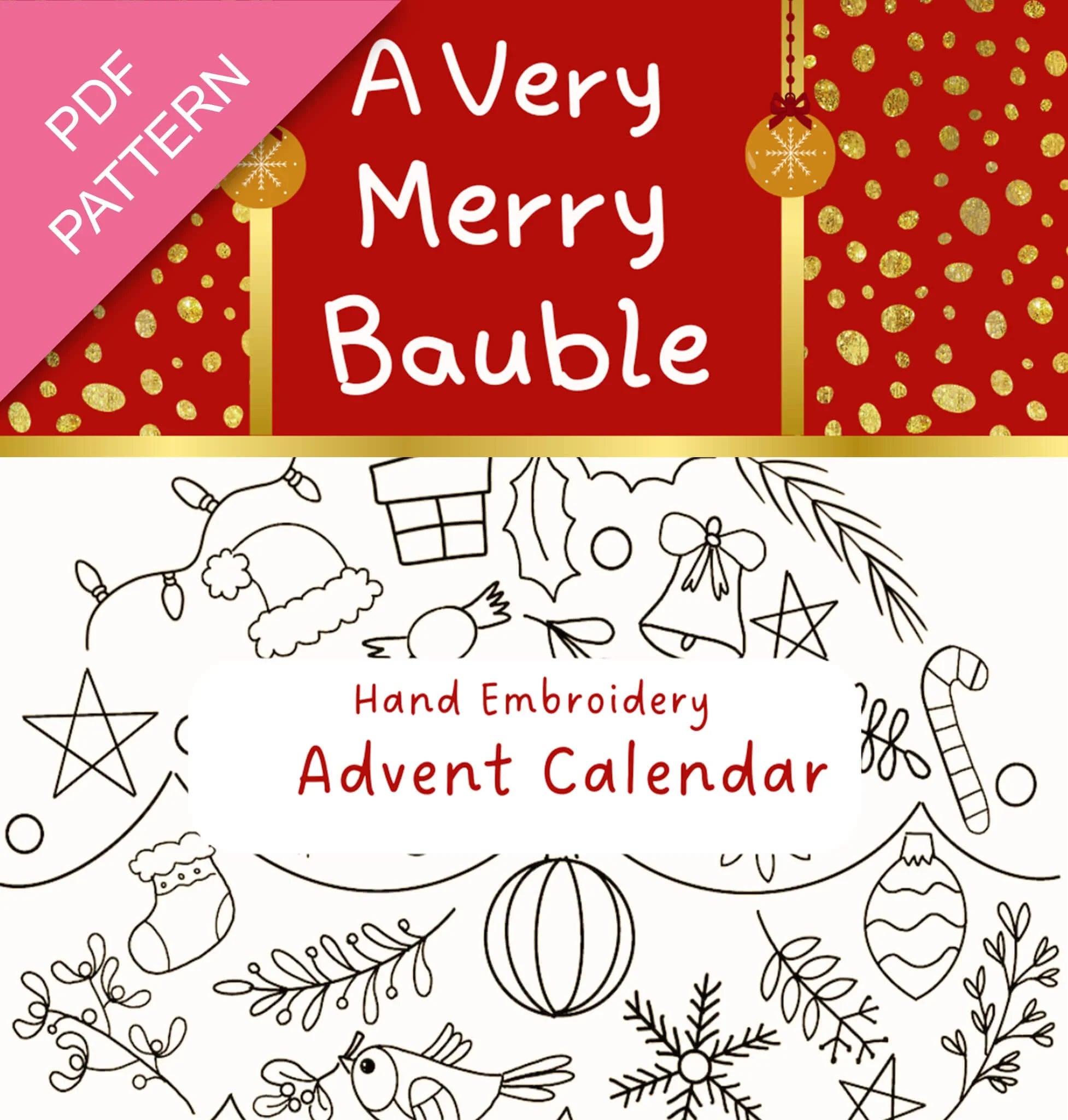 Hand embroidery advent calendar pattern with Christmas-themed designs on a red background.