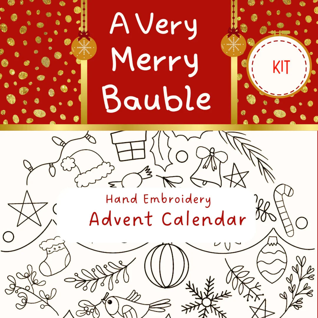 Hand embroidery advent calendar kit with Christmas-themed design and text on a red background.