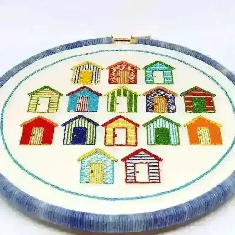 Beach Huts Hand Embroidery Pattern , PDF Download , StitchDoodles , beginner embroidery, Embroidery, embroidery hoop, embroidery hoop kit, Embroidery Kit, embroidery kit for adults, embroidery kit fro beginners, embroidery pattern, hand embroidery, hand embroidery fabric, hand embroidery seat frame, modern embroidery kits, nurge embroidery hoop, PDF pattern, Printed Pattern , StitchDoodles , shop.stitchdoodles.com