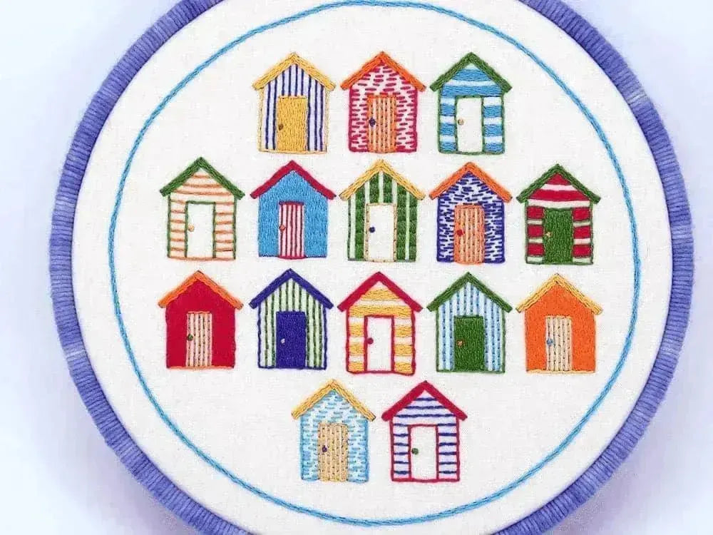 Beach Huts, Pre Printed Embroidery Fabric Pattern , Pre Printed Fabric Pattern , StitchDoodles , Embroidery, embroidery hoop, embroidery hoop kit, Embroidery Kit, embroidery kit for adults, embroidery kit fro beginners, embroidery pattern, hand embroidery, hand embroidery fabric, hand embroidery kit, hand embroidery seat frame, modern embroidery kits, nurge embroidery hoop, PDF pattern, Printed Pattern , StitchDoodles , shop.stitchdoodles.com