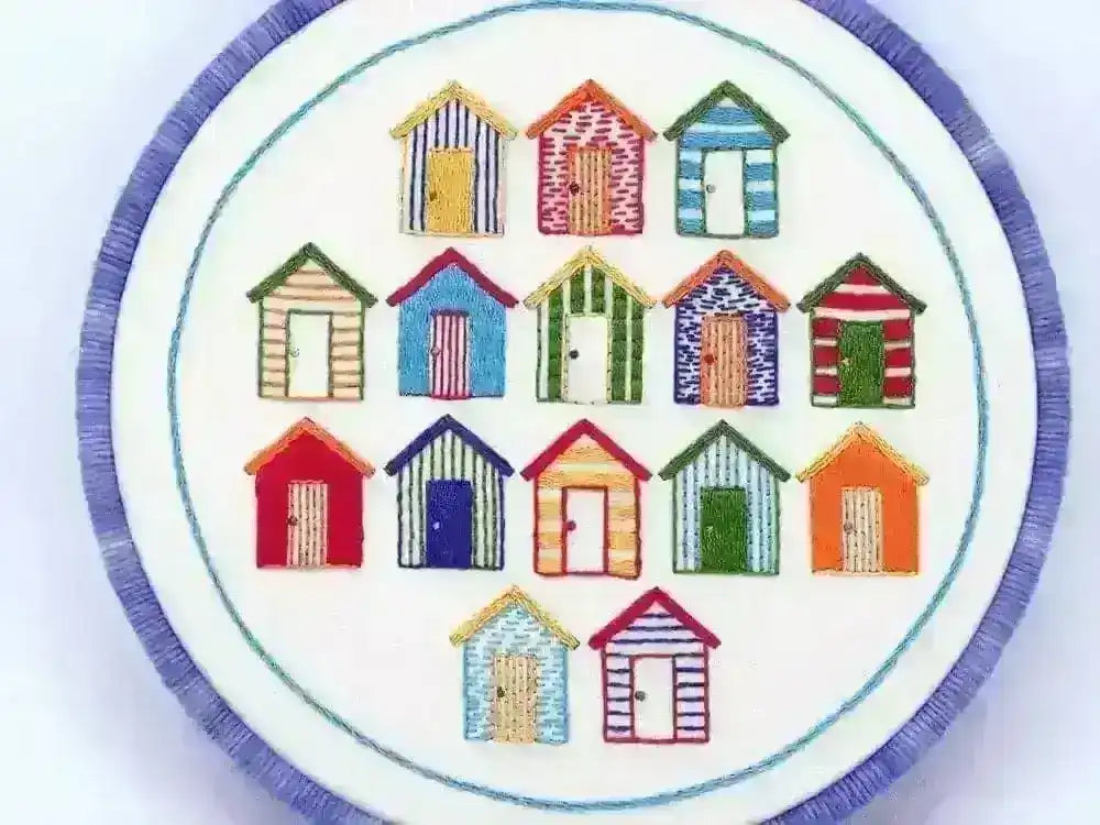 Beach Huts, Pre Printed Embroidery Fabric Pattern , Pre Printed Fabric Pattern , StitchDoodles , Embroidery, embroidery hoop, embroidery hoop kit, Embroidery Kit, embroidery kit for adults, embroidery kit fro beginners, embroidery pattern, hand embroidery, hand embroidery fabric, hand embroidery kit, hand embroidery seat frame, modern embroidery kits, nurge embroidery hoop, PDF pattern, Printed Pattern , StitchDoodles , shop.stitchdoodles.com