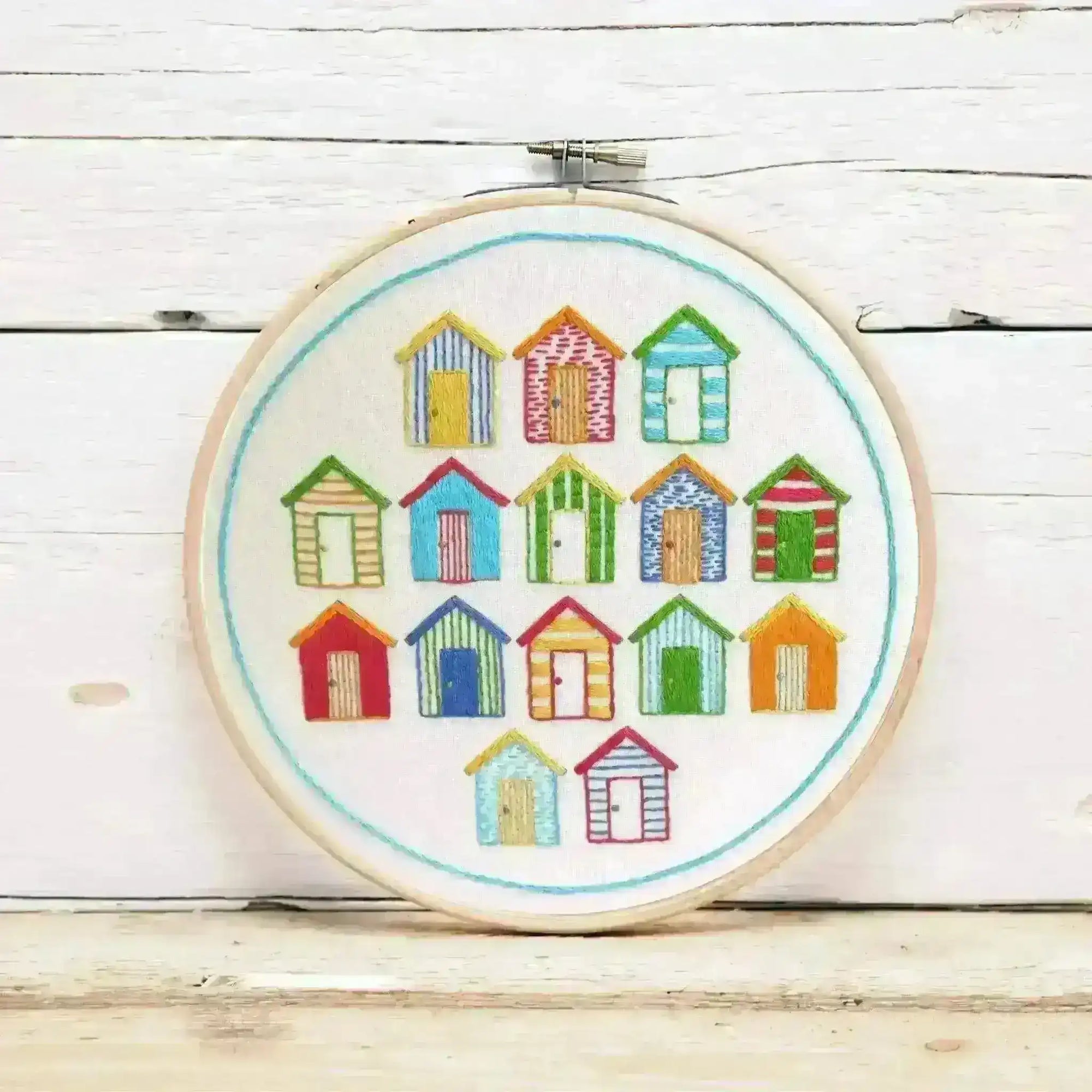 Beach Huts, Pre Printed Embroidery Fabric Pattern , Pre Printed Fabric Pattern , StitchDoodles , Embroidery, embroidery hoop, embroidery hoop kit, Embroidery Kit, embroidery kit for adults, embroidery kit fro beginners, embroidery pattern, hand embroidery, hand embroidery fabric, hand embroidery kit, hand embroidery seat frame, modern embroidery kits, nurge embroidery hoop, PDF pattern, Printed Pattern , StitchDoodles , shop.stitchdoodles.com