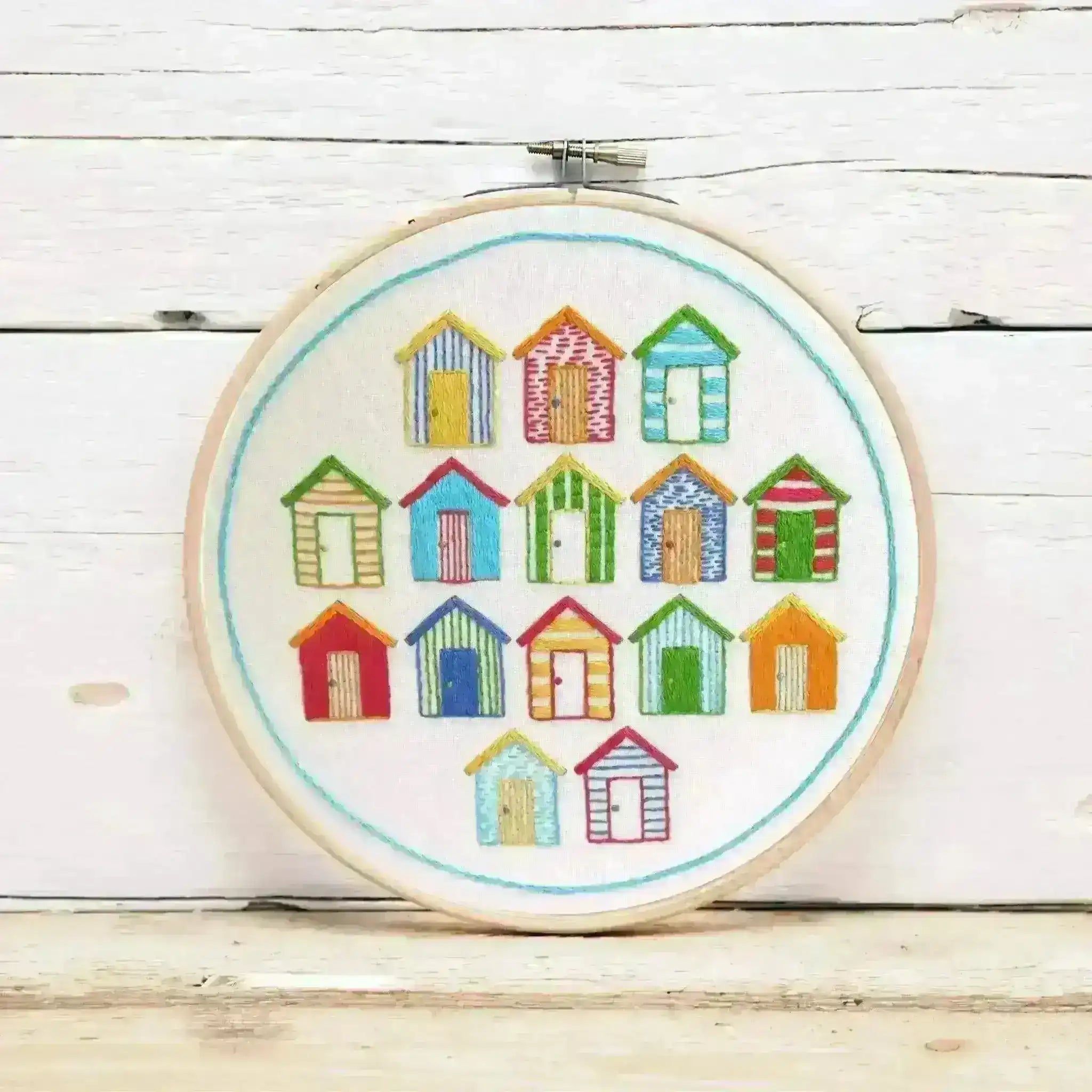 Beach Huts, Pre Printed Embroidery Fabric Pattern , Pre Printed Fabric Pattern , StitchDoodles , Embroidery, embroidery hoop, embroidery hoop kit, Embroidery Kit, embroidery kit for adults, embroidery kit fro beginners, embroidery pattern, hand embroidery, hand embroidery fabric, hand embroidery kit, hand embroidery seat frame, modern embroidery kits, nurge embroidery hoop, PDF pattern, Printed Pattern , StitchDoodles , shop.stitchdoodles.com