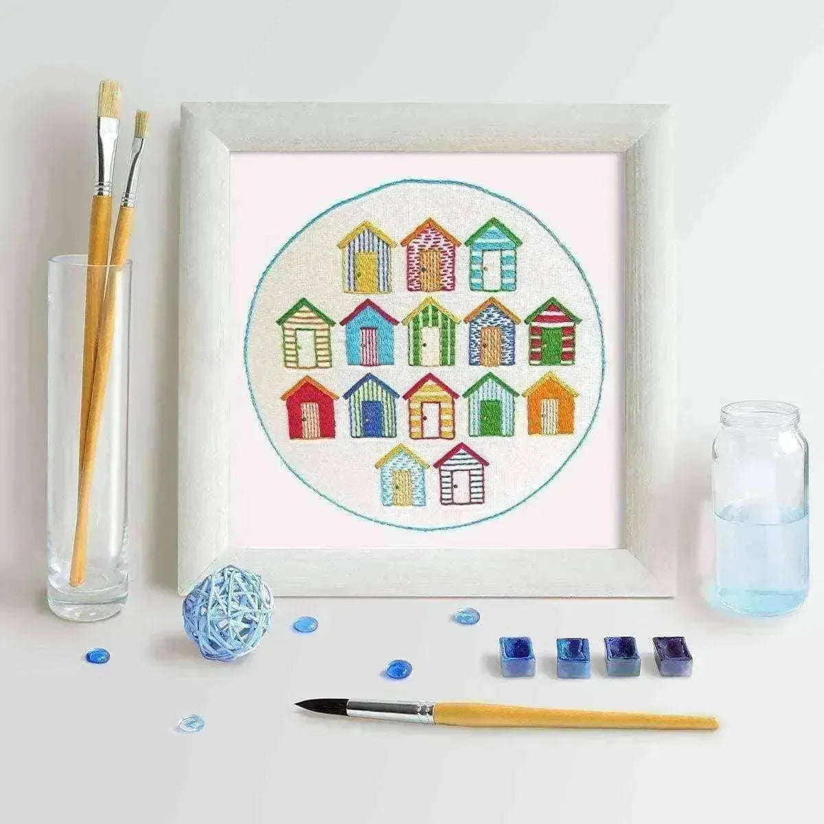 Beach Huts, Pre Printed Embroidery Fabric Pattern , Pre Printed Fabric Pattern , StitchDoodles , Embroidery, embroidery hoop, embroidery hoop kit, Embroidery Kit, embroidery kit for adults, embroidery kit fro beginners, embroidery pattern, hand embroidery, hand embroidery fabric, hand embroidery kit, hand embroidery seat frame, modern embroidery kits, nurge embroidery hoop, PDF pattern, Printed Pattern , StitchDoodles , shop.stitchdoodles.com