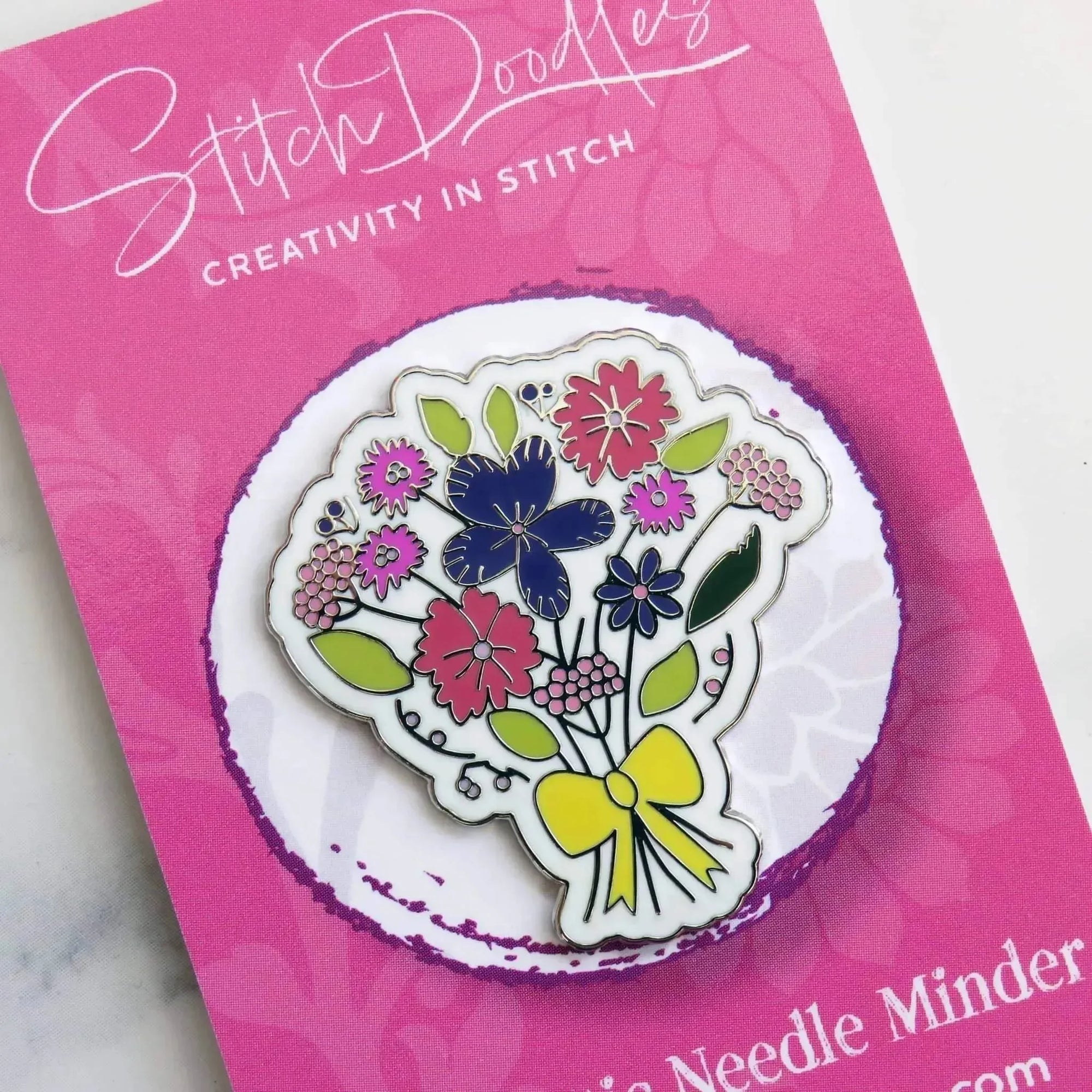 Beautiful Hard Enamel Needle Minder: Bouquet , Embroidery Supplies , StitchDoodles , embroidery hoop kit, Embroidery Kit, embroidery kit for adults, embroidery kit fro beginners, modern embroidery kits , StitchDoodles , shop.stitchdoodles.com