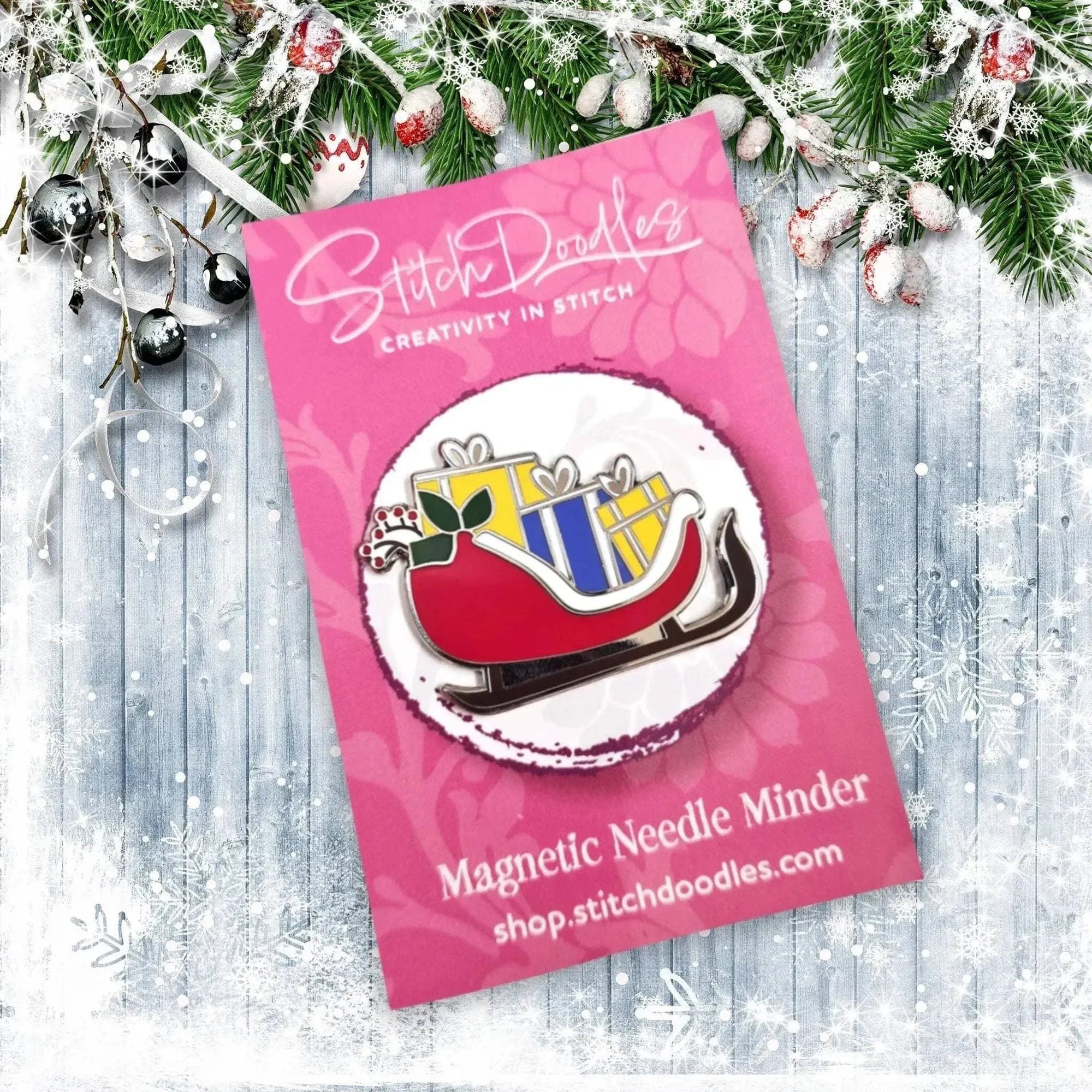 Beautiful Hard Enamel Needle Minder: Santa's Christmas Sleigh , Embroidery Supplies , StitchDoodles , christmas, Christmas Embroidery, christmas needle minder, embroidery hoop kit, Embroidery Kit, embroidery kit for adults, embroidery kit fro beginners, modern embroidery kits, needleminder , StitchDoodles , shop.stitchdoodles.com