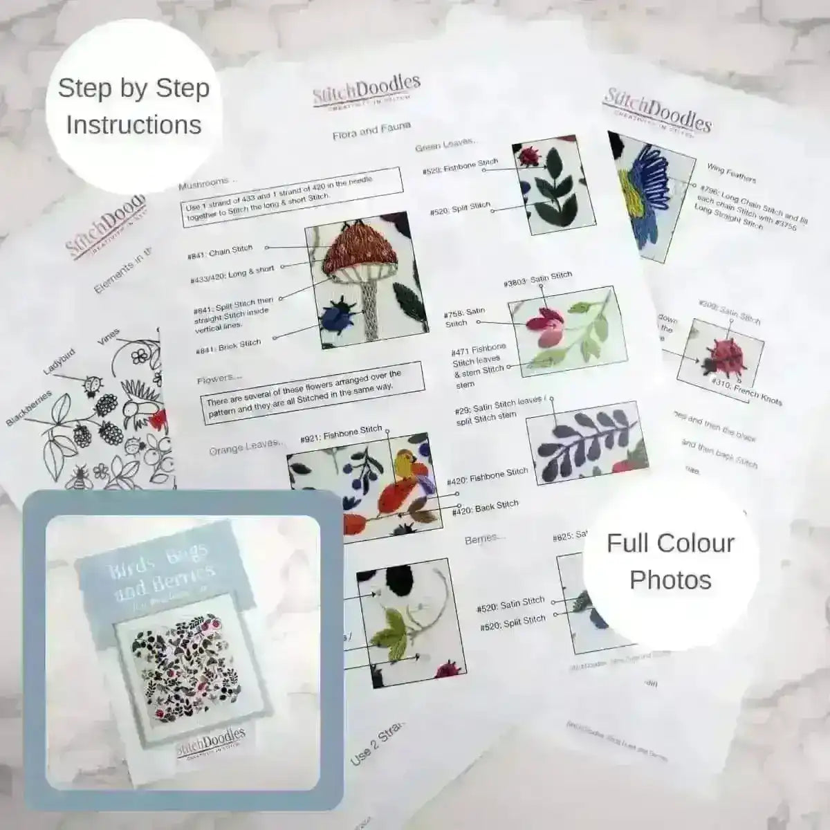 StitchDoodles embroidery pattern sheets with step-by-step instructions and full-color photos on a marble surface.