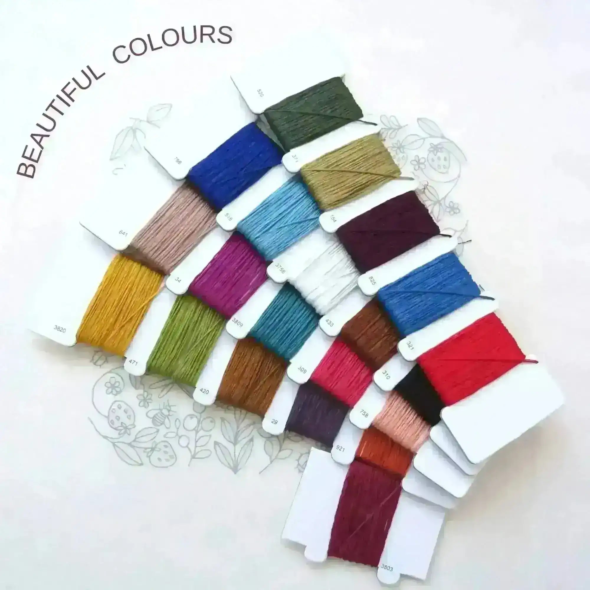 Set of colorful embroidery threads on a white background with 'BEAUTIFUL COLOURS' text.