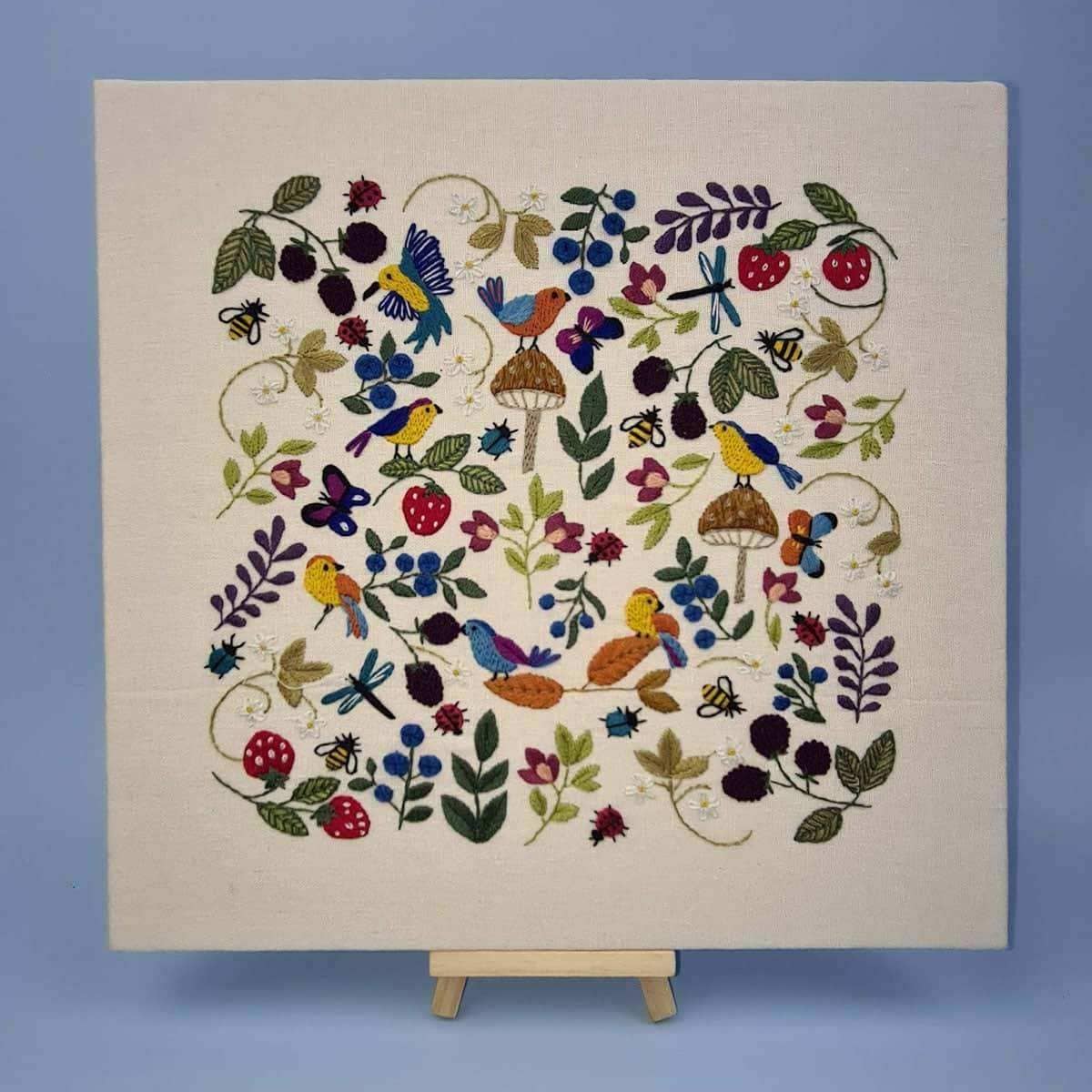 Birds, Bugs and Berries, Pre Printed Embroidery Fabric Panel PLUS PDF Pattern , Pre Printed Fabric Pattern , StitchDoodles , bird embroidery, Embroidery, embroidery hoop, embroidery hoop kit, Embroidery Kit, embroidery kit for adults, embroidery kit fro beginners, embroidery pattern, hand embroidery, hand embroidery fabric, hand embroidery kit, hand embroidery seat frame, modern embroidery kits, nurge embroidery hoop, PDF pattern, Printed Pattern, wildlife embroidery , StitchDoodles , shop.stitchdoodles.com