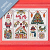 Fabric pattern with Christmas-themed designs including a gnome, tree, house, and snowman on a red border.