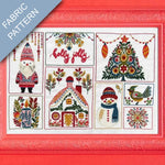 Fabric pattern with Christmas-themed designs including a gnome, tree, house, and snowman on a red border.