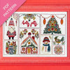 Embroidery pattern with Christmas-themed designs on a red background