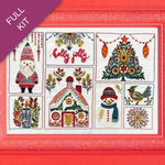 Embroidery kit with festive designs on a red background