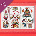 Embroidery kit with festive designs on a red background