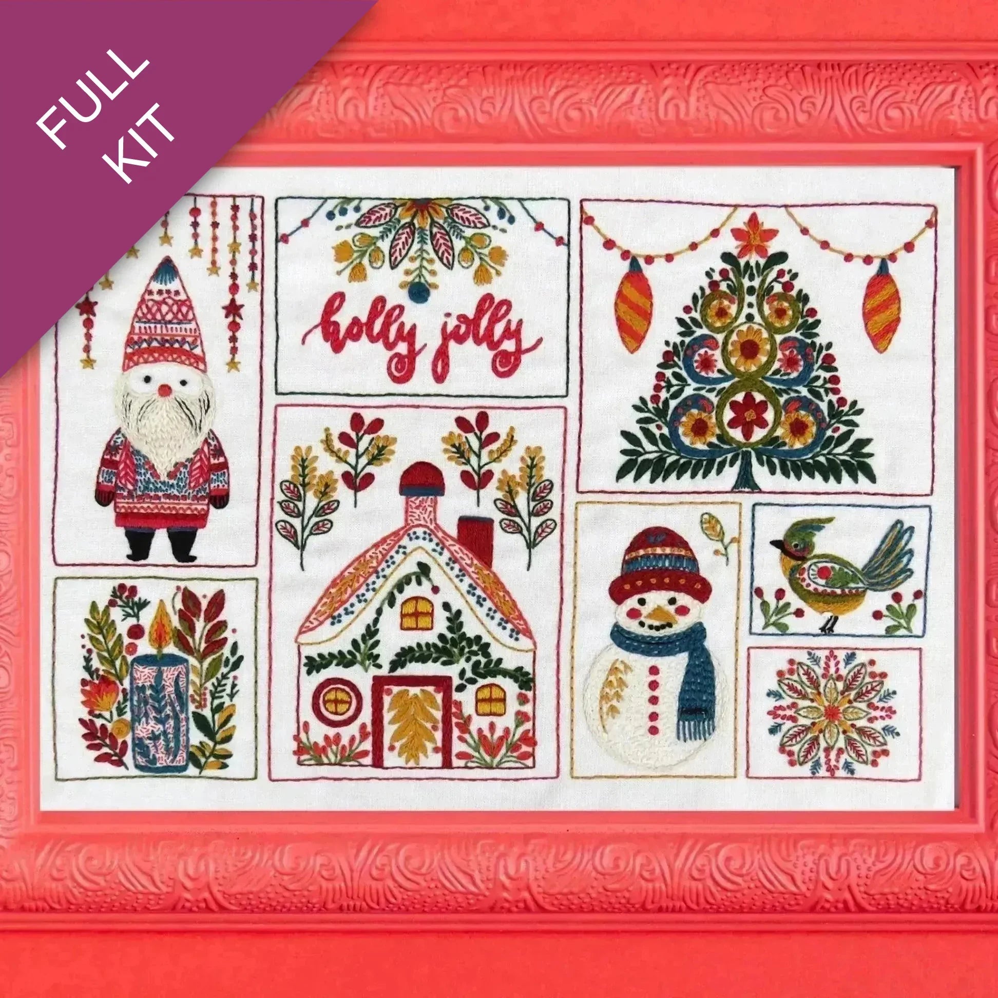 Embroidery kit with festive designs on a red background