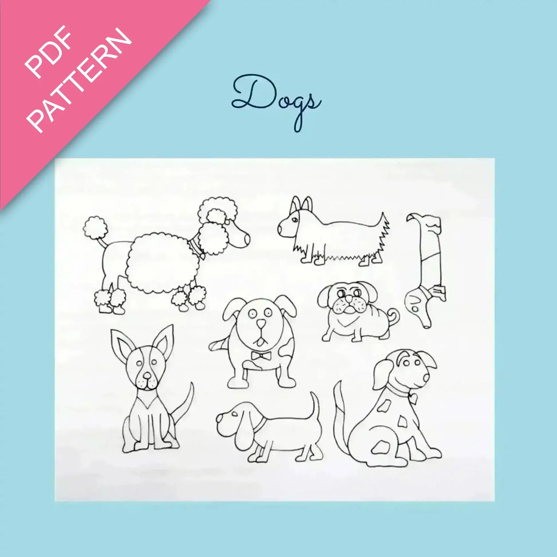 Set of dog illustrations on a white sheet with 'PDF Pattern' text on a pink triangle, against a light blue background.