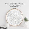 Hand embroidery design template PDF with an embroidery hoop on a white background