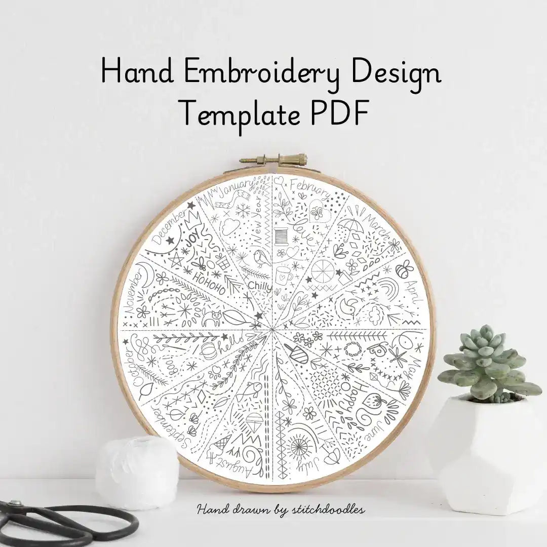 Hand embroidery design template PDF with an embroidery hoop on a white background