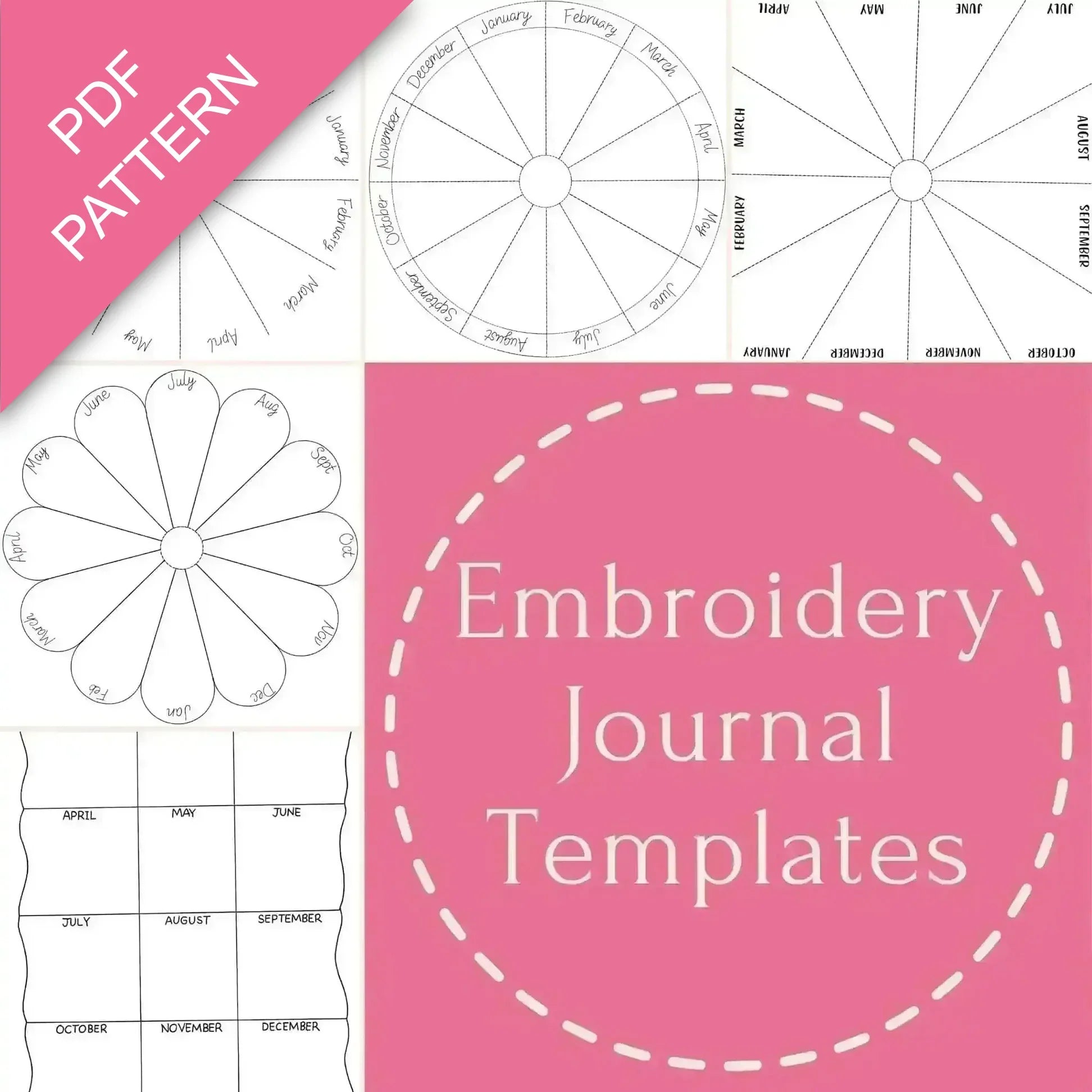 Embroidery Journal Templates with PDF pattern text on a pink background