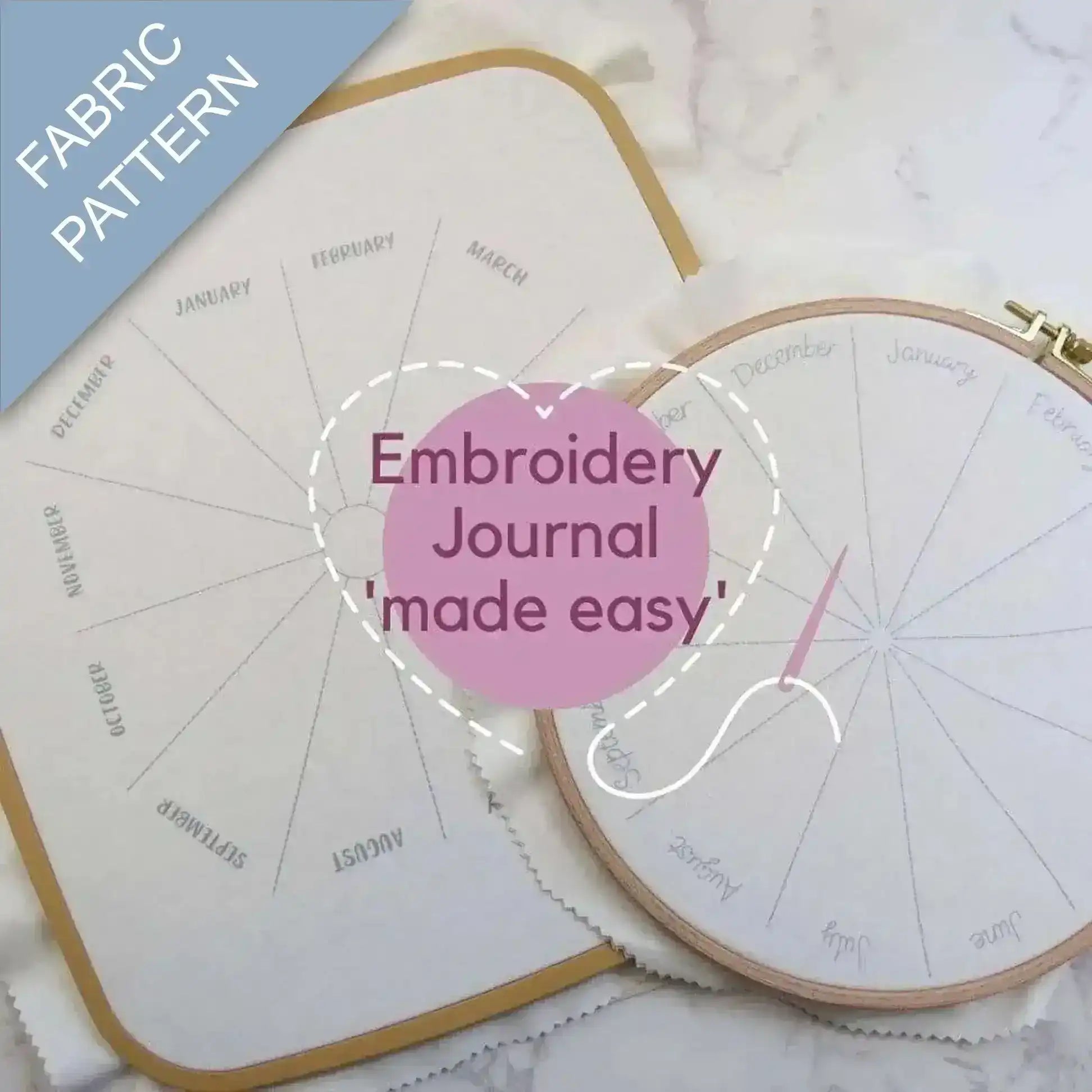 Embroidery hoop and fabric pattern with 'Embroidery Journal made easy' text.