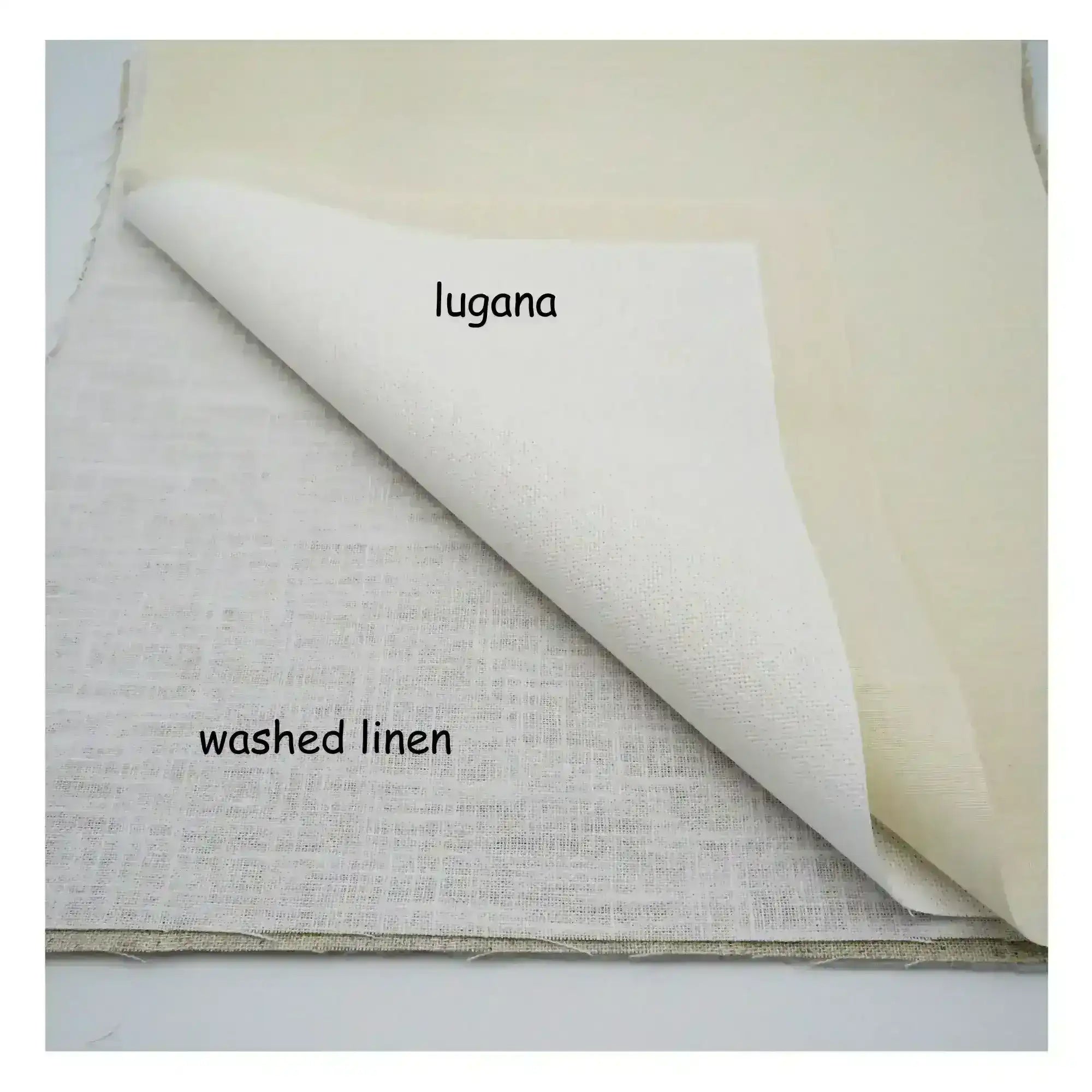 Rolled-up washed linen fabric with 'lugana' branding on a white background