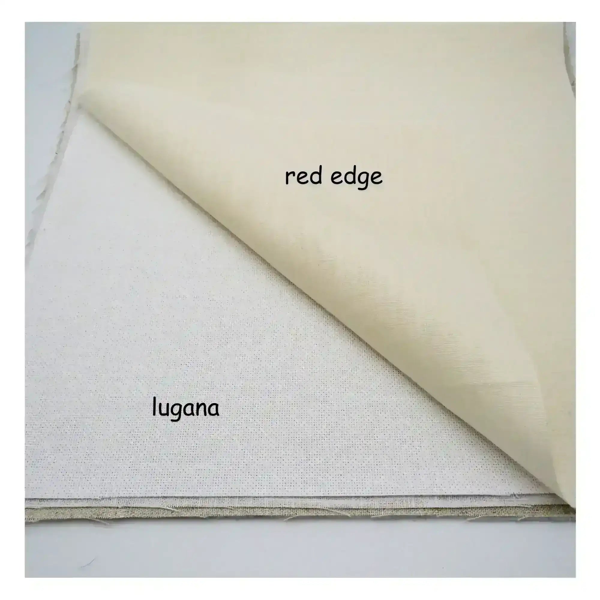 Beige fabric with red edge and 'lugana' label on a white background