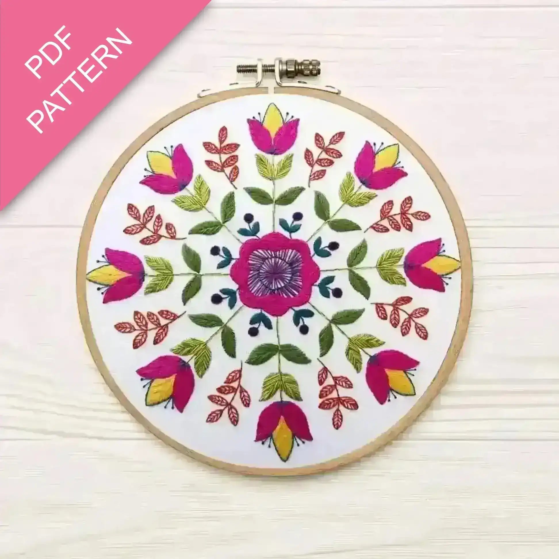 Embroidery hoop with floral pattern on a white background, labeled 'PDF Pattern'.