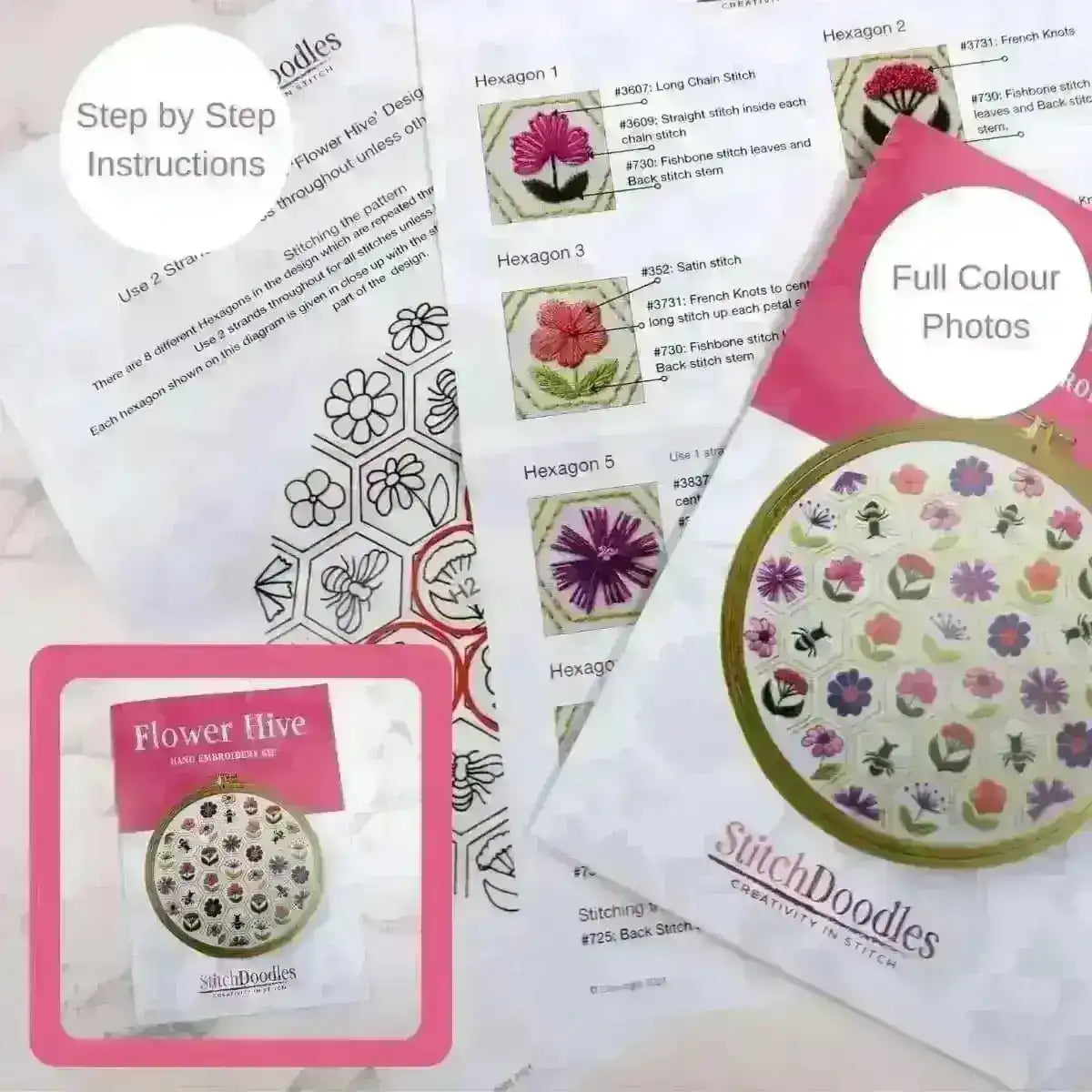 Flower Hive Hand Embroidery Kit , Embroidery Kit , StitchDoodles , beginner embroidery, embroidery hoop kit, embroidery kits for adults, embroidery kits for beginners, flower embroidery, hand embroidery, hand embroidery kit, modern embroidery kits, unique embroidery kits , StitchDoodles , shop.stitchdoodles.com