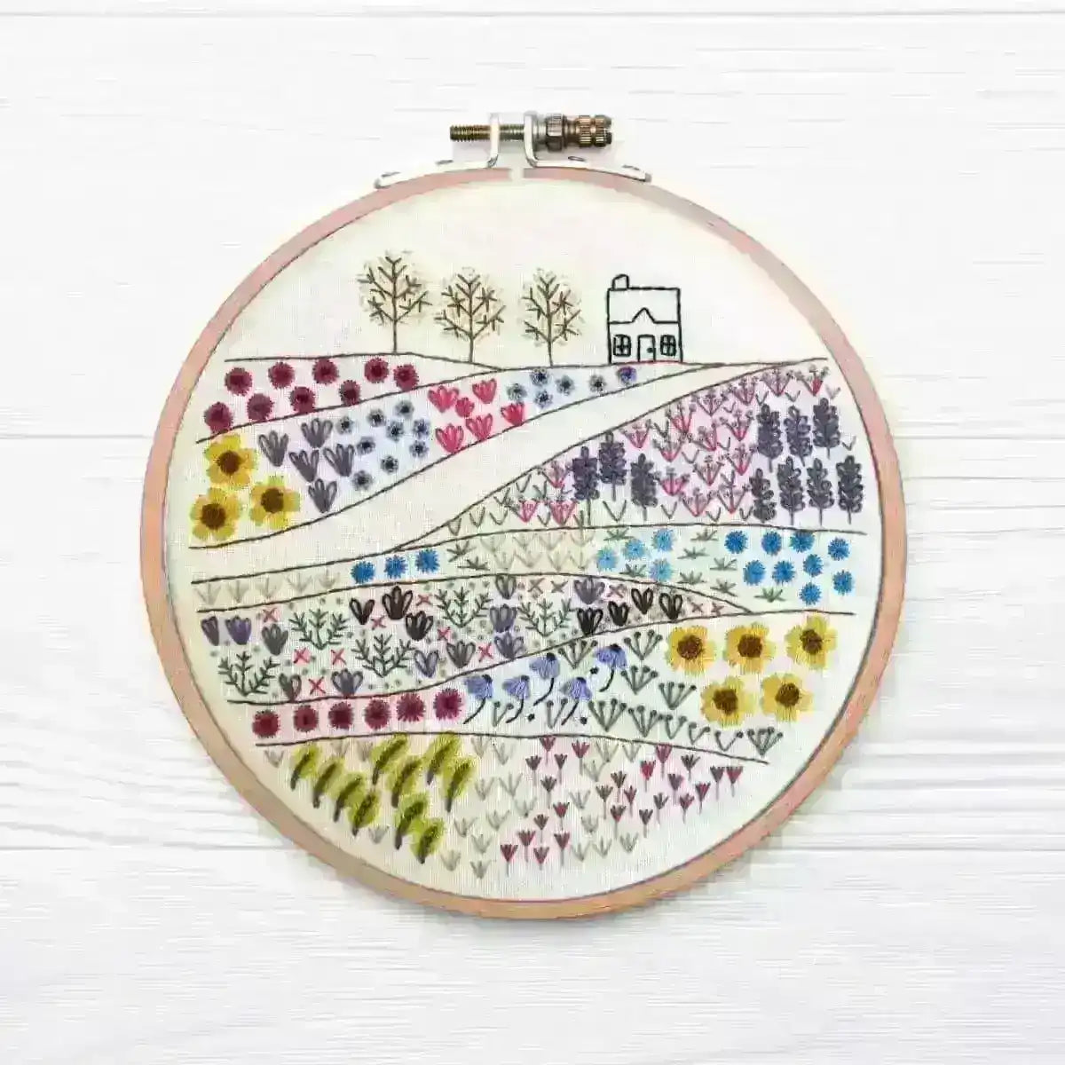 Flower Meadow Cottage Hand Embroidery Pattern , PDF Download , StitchDoodles , embroidery hoop kit, embroidery kits for adults, embroidery kits for beginners, flower embroidery, hand embroidery, modern embroidery kits, PDF pattern, unique embroidery kits, wildlife embroidery , StitchDoodles , shop.stitchdoodles.com