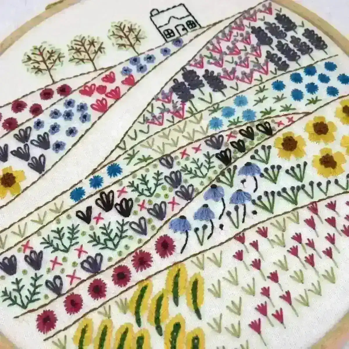 Flower Meadow Cottage Hand Embroidery Pattern , PDF Download , StitchDoodles , embroidery hoop kit, embroidery kits for adults, embroidery kits for beginners, flower embroidery, hand embroidery, modern embroidery kits, PDF pattern, unique embroidery kits, wildlife embroidery , StitchDoodles , shop.stitchdoodles.com