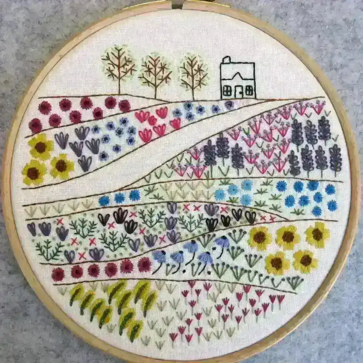 Flower Meadow Cottage Hand Embroidery Pattern , PDF Download , StitchDoodles , embroidery hoop kit, embroidery kits for adults, embroidery kits for beginners, flower embroidery, hand embroidery, modern embroidery kits, PDF pattern, unique embroidery kits, wildlife embroidery , StitchDoodles , shop.stitchdoodles.com