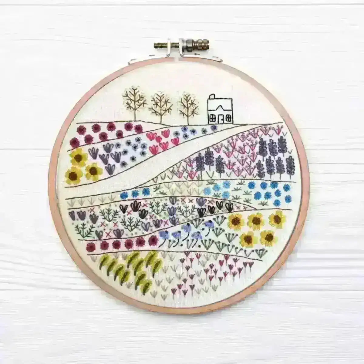 Flower Meadow Cottage, Pre Printed Embroidery Fabric Panel PLUS PDF Pattern , Pre Printed Fabric Pattern , StitchDoodles , embroidery hoop kit, embroidery kits for adults, embroidery kits for beginners, embroidery pattern, flower embroidery, hand embroidery, hand embroidery fabric, hand embroidery kit, hand embroidery pattern, modern embroidery kits, nurge embroidery hoop, PDF pattern, unique embroidery kits, wildlife embroidery , StitchDoodles , shop.stitchdoodles.com