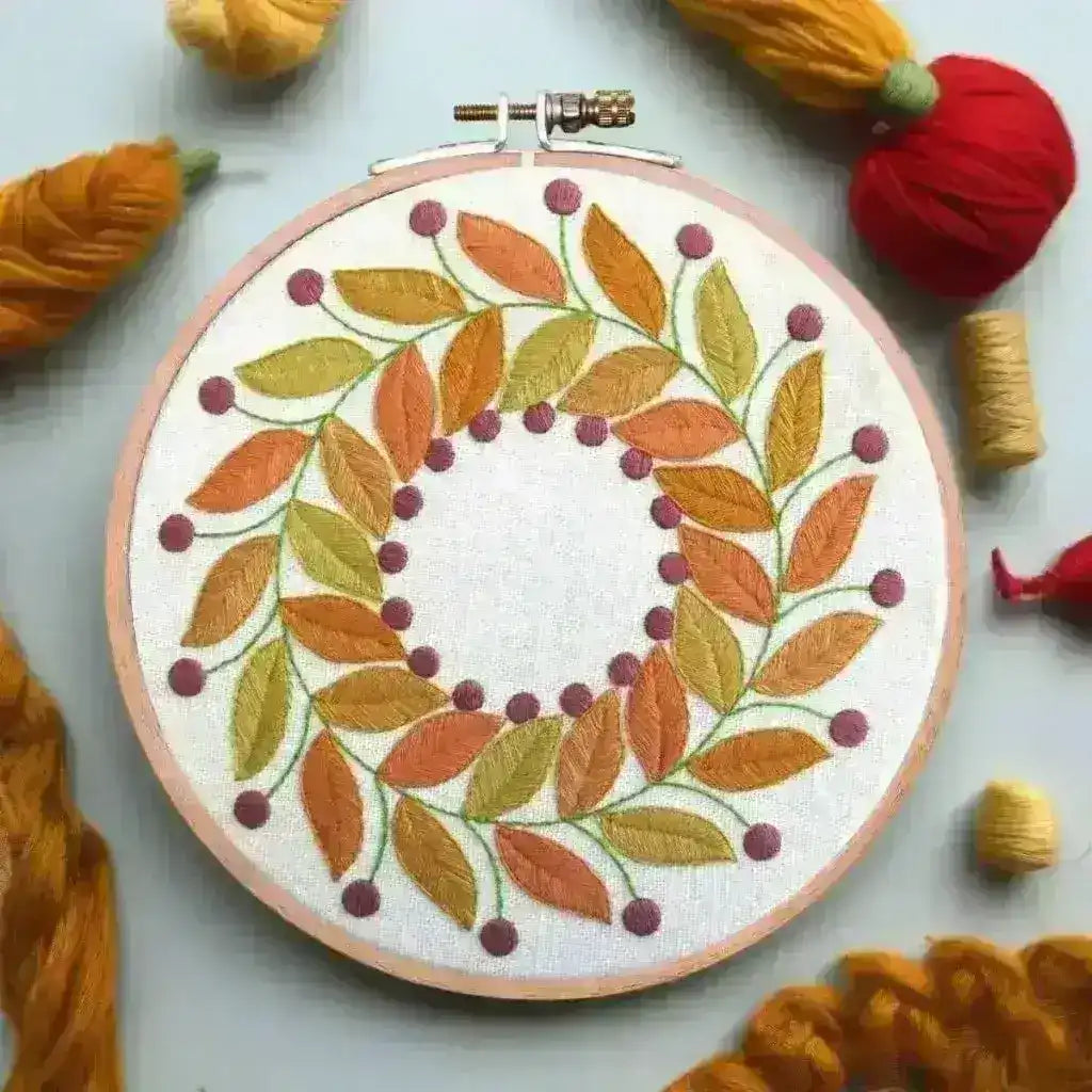 Golden Leaves, Pre Printed Embroidery Fabric Panel , Pre Printed Fabric Pattern , StitchDoodles , embroidery hoop kit, embroidery kits for adults, embroidery kits for beginners, hand embroidery, hand embroidery fabric, modern embroidery kits, PDF pattern, unique embroidery kits , StitchDoodles , shop.stitchdoodles.com
