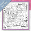 Fabric pattern with stitching-themed text and designs on a white background