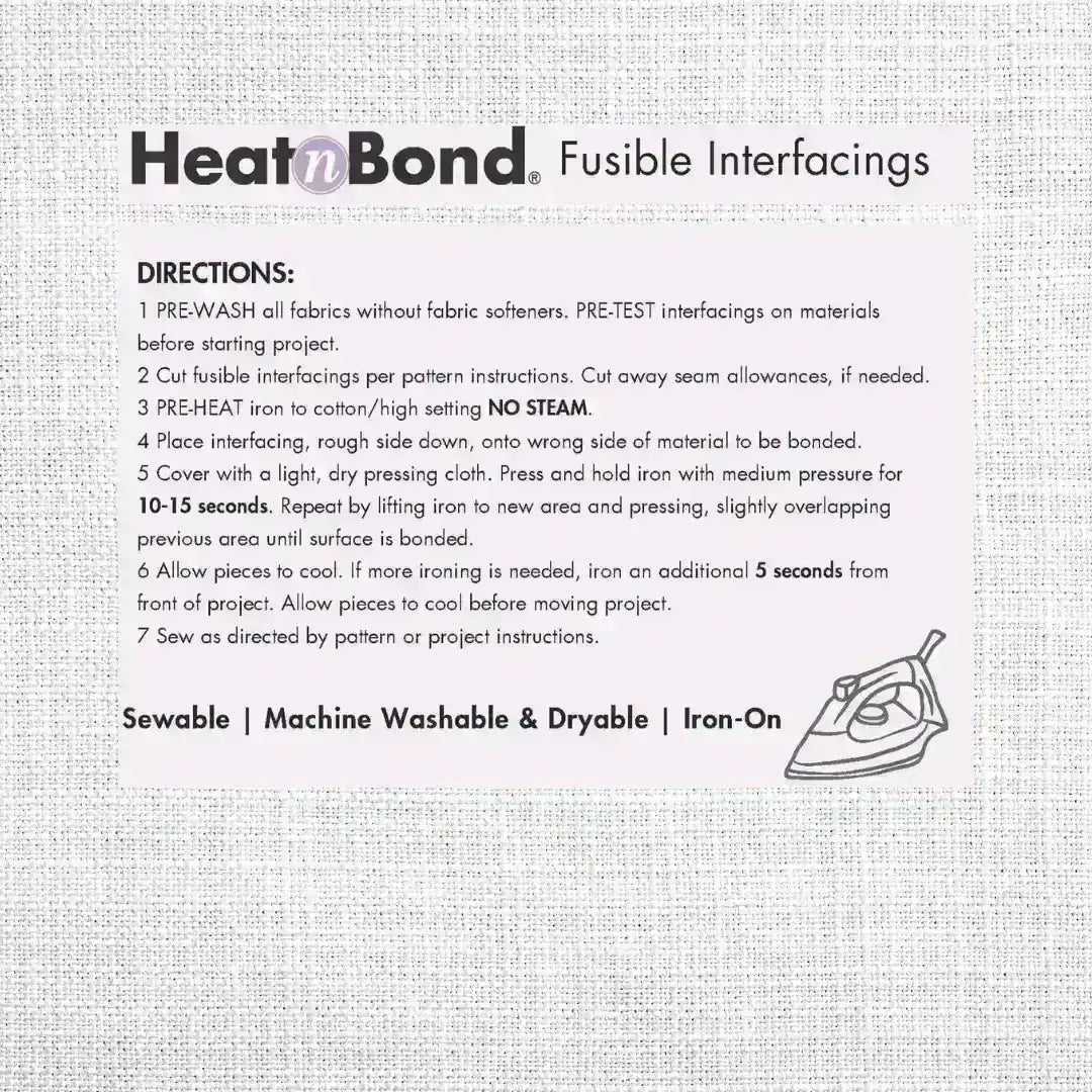 Instructions for Heat'n Bond fusible interfacing on a textured gray background