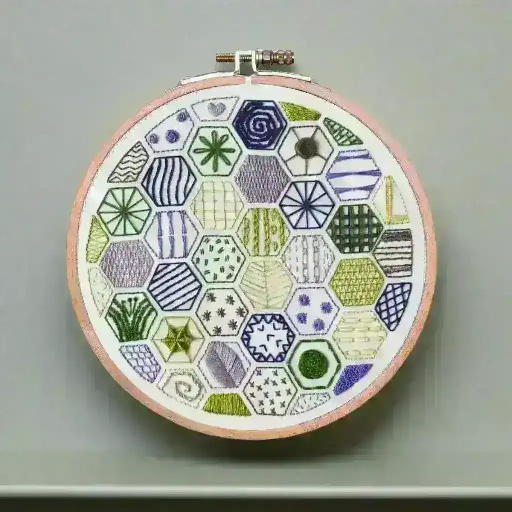 Hexagon Sampler Beginner Hand Embroidery Kit , embroidery pattern , StitchDoodles , beginner embroidery, embroidery hoop kit, embroidery kits for beginners, hand embroidery, hand embroidery kit, PDF pattern, unique embroidery kits , StitchDoodles , shop.stitchdoodles.com
