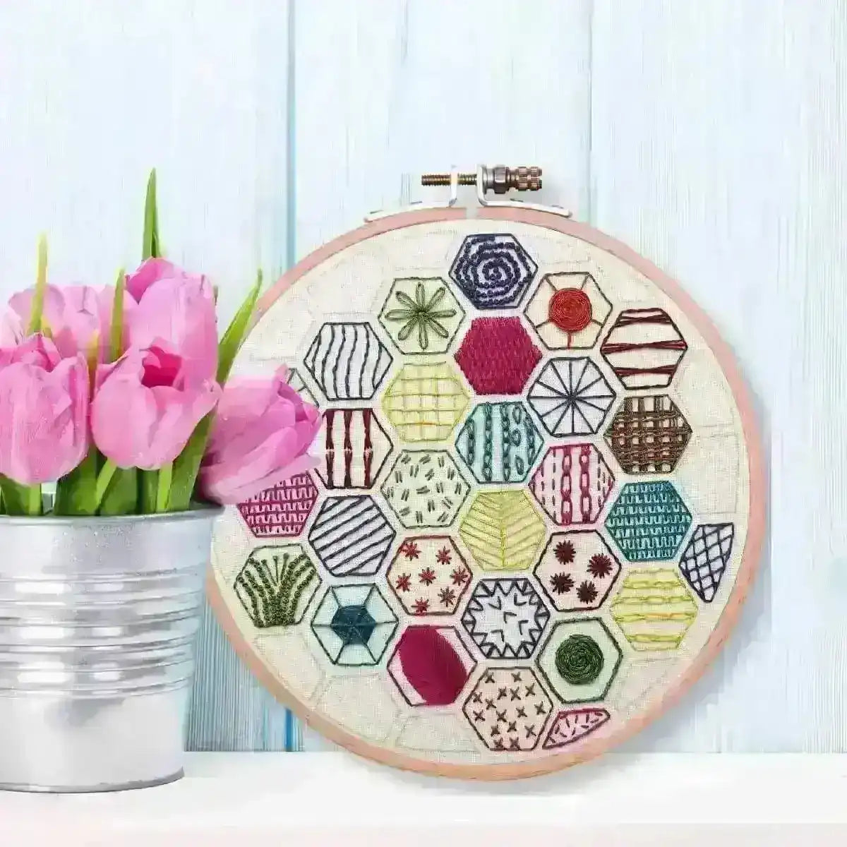 Hexagon Sampler Beginner Hand Embroidery Kit , embroidery pattern , StitchDoodles , beginner embroidery, embroidery hoop kit, embroidery kits for beginners, hand embroidery, hand embroidery kit, PDF pattern, unique embroidery kits , StitchDoodles , shop.stitchdoodles.com
