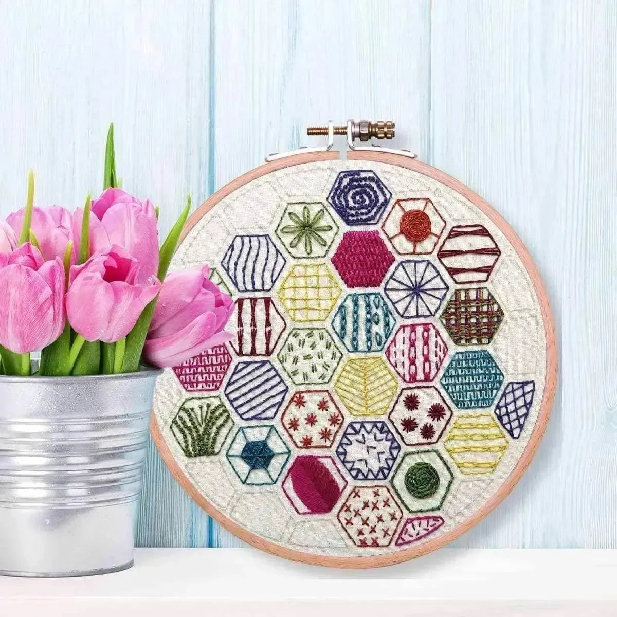 Hexagon Sampler Beginner Hand Embroidery Kit , embroidery pattern , StitchDoodles , beginner embroidery, embroidery hoop kit, embroidery kits for beginners, hand embroidery, hand embroidery kit, PDF pattern, unique embroidery kits , StitchDoodles , shop.stitchdoodles.com