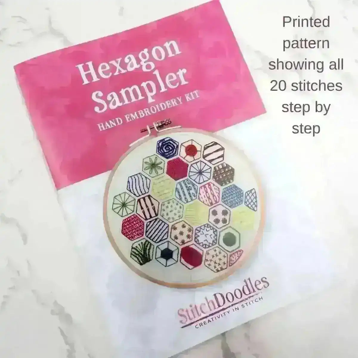 Hexagon Sampler Beginner Hand Embroidery Kit , embroidery pattern , StitchDoodles , beginner embroidery, embroidery hoop kit, embroidery kits for beginners, hand embroidery, hand embroidery kit, PDF pattern, unique embroidery kits , StitchDoodles , shop.stitchdoodles.com