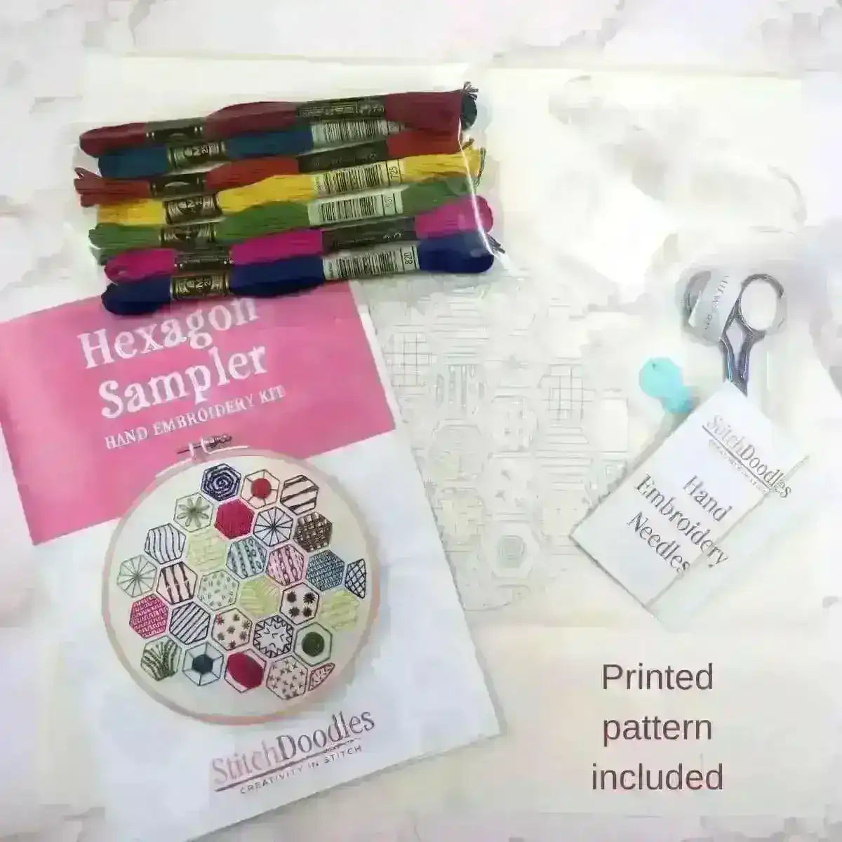 Hexagon Sampler Beginner Hand Embroidery Kit , embroidery pattern , StitchDoodles , beginner embroidery, embroidery hoop kit, embroidery kits for beginners, hand embroidery, hand embroidery kit, PDF pattern, unique embroidery kits , StitchDoodles , shop.stitchdoodles.com