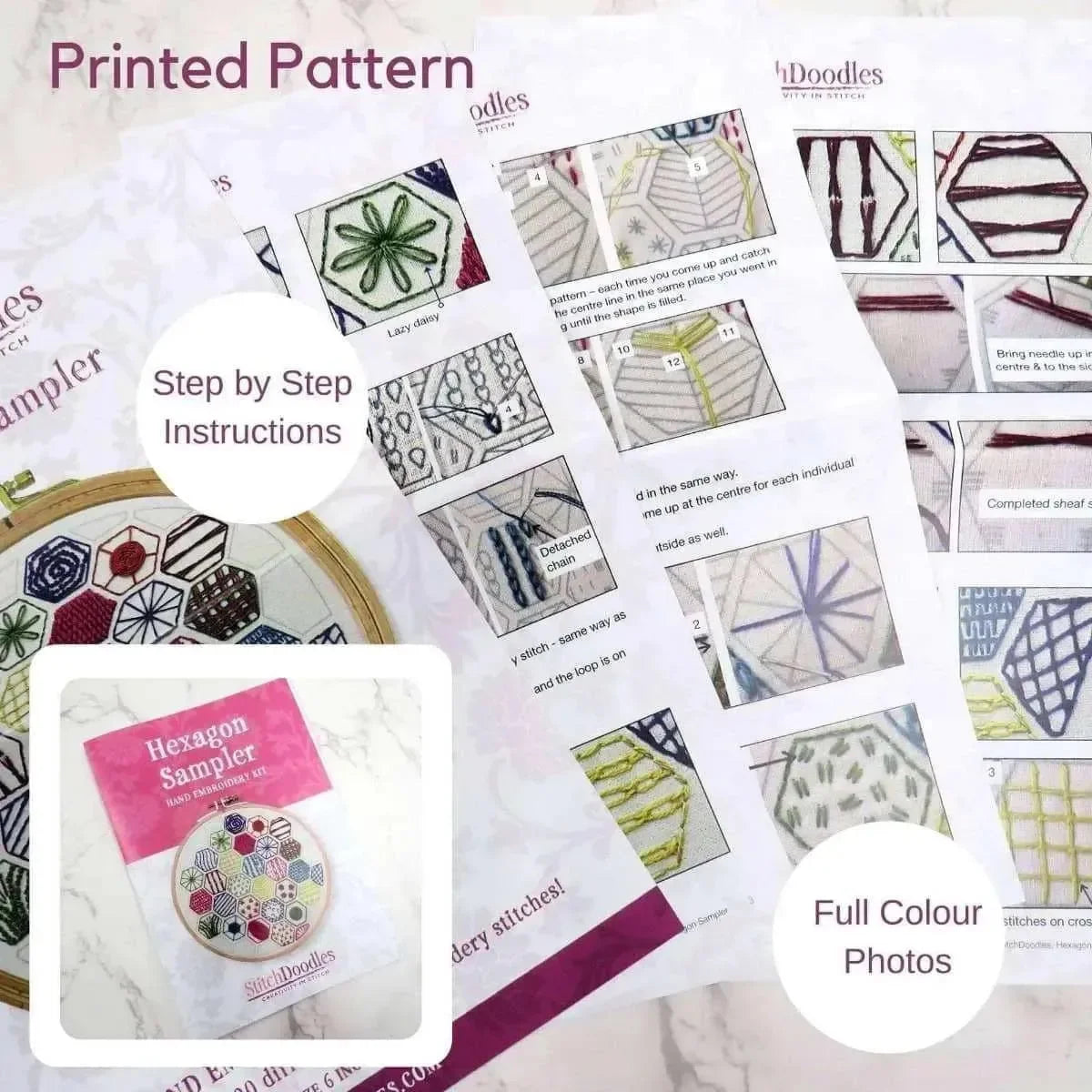 Hexagon Sampler Beginner Hand Embroidery Kit , embroidery pattern , StitchDoodles , beginner embroidery, embroidery hoop kit, embroidery kits for beginners, hand embroidery, hand embroidery kit, PDF pattern, unique embroidery kits , StitchDoodles , shop.stitchdoodles.com
