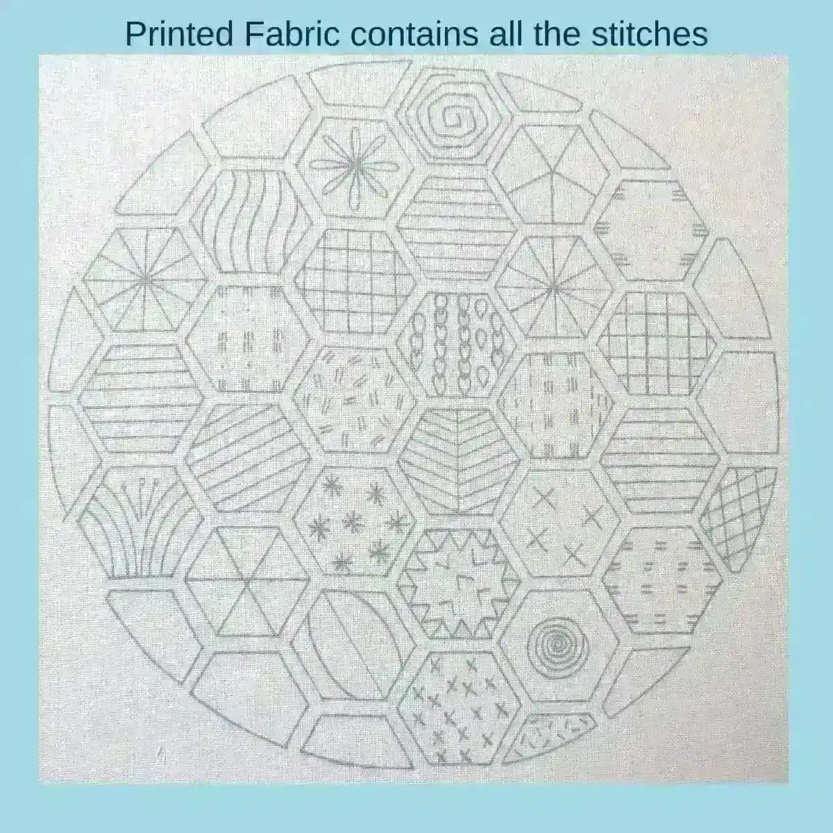 Hexagon Sampler, Pre Printed Embroidery Fabric Panel PLUS PDF Pattern , Pre Printed Fabric Pattern , StitchDoodles , embroidery hoop kit, Embroidery Kit, embroidery kits for beginners, embroidery pattern, hand embroidery, hand embroidery fabric, PDF pattern, unique embroidery kits , StitchDoodles , shop.stitchdoodles.com