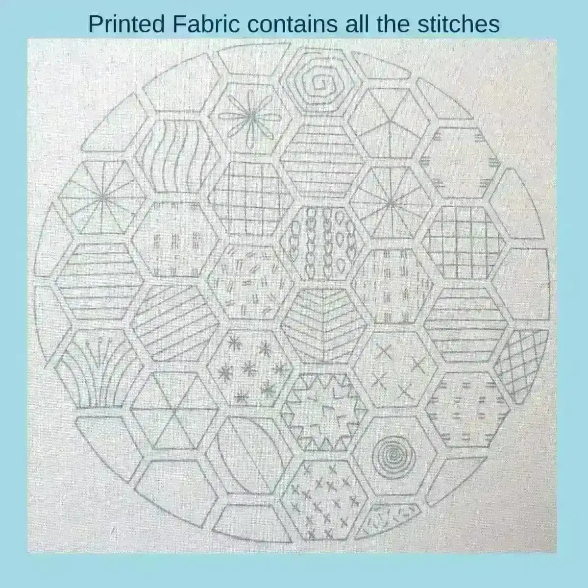 Hexagon Sampler, Pre Printed Embroidery Fabric Panel PLUS PDF Pattern , Pre Printed Fabric Pattern , StitchDoodles , embroidery hoop kit, Embroidery Kit, embroidery kits for beginners, embroidery pattern, hand embroidery, hand embroidery fabric, PDF pattern, unique embroidery kits , StitchDoodles , shop.stitchdoodles.com