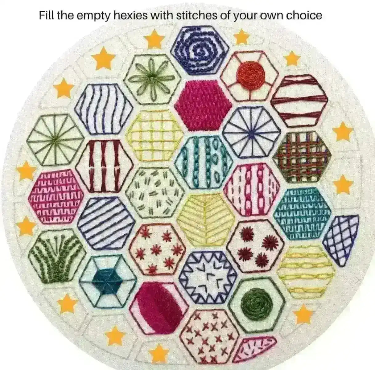 Hexagon Sampler to learn 20 hand embroidery Stitches , PDF Download , StitchDoodles , embroidery hoop kit, embroidery kits for beginners, hand embroidery, PDF pattern, unique embroidery kits , StitchDoodles , shop.stitchdoodles.com