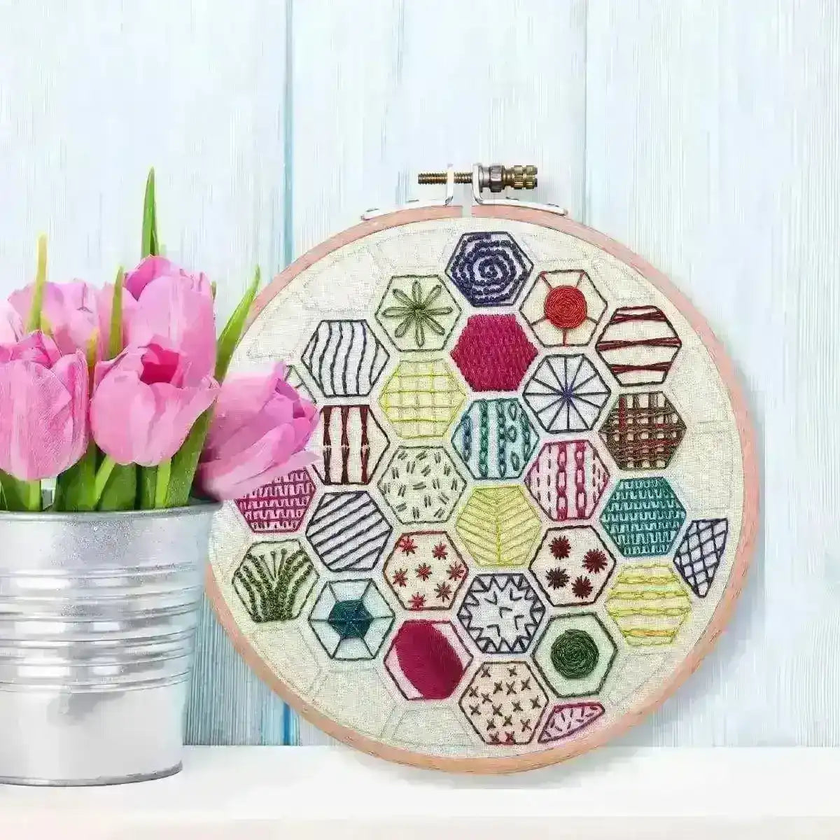 Hexagon Sampler to learn 20 hand embroidery Stitches , PDF Download , StitchDoodles , embroidery hoop kit, embroidery kits for beginners, hand embroidery, PDF pattern, unique embroidery kits , StitchDoodles , shop.stitchdoodles.com