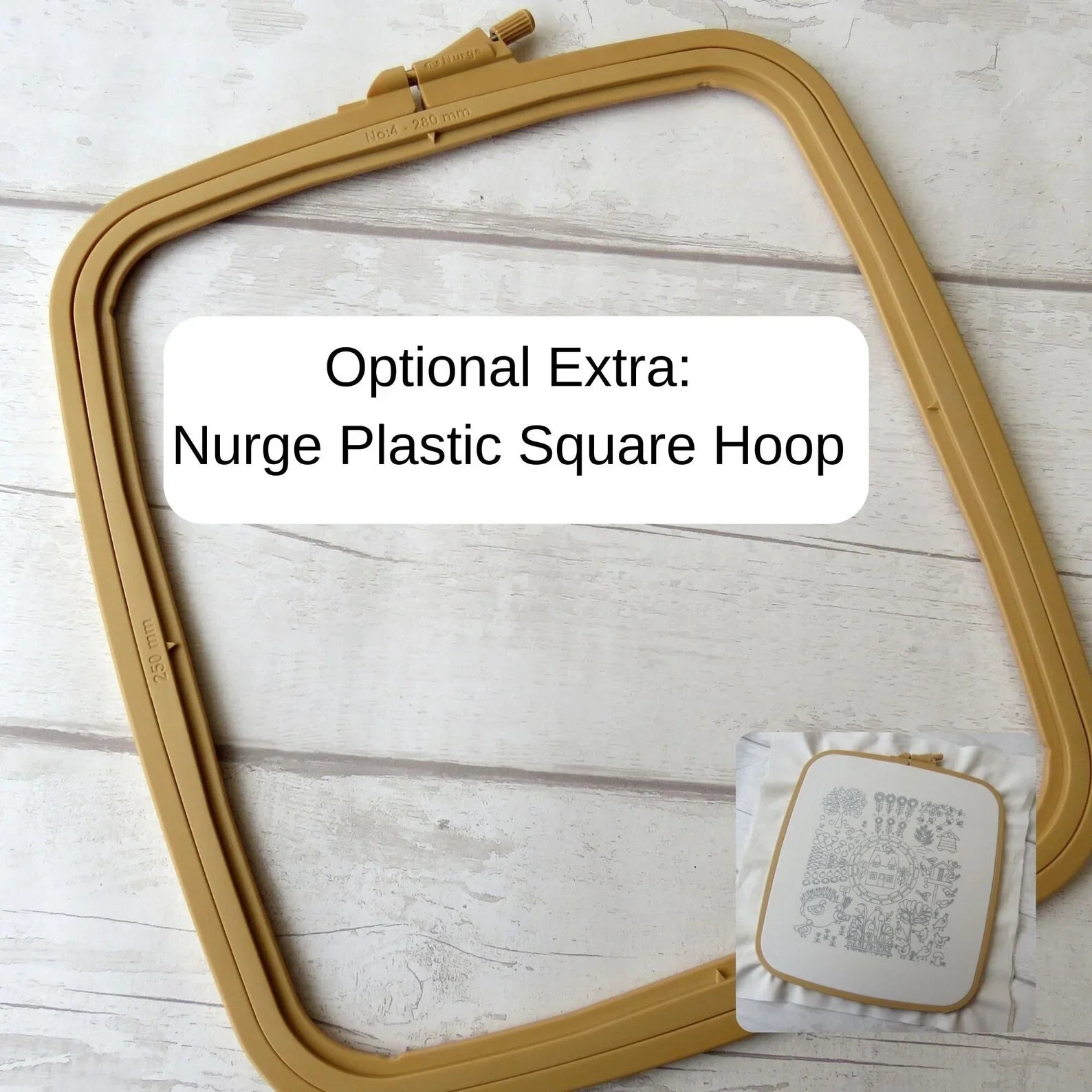 Nurge plastic square hoop on a light wooden surface with text overlay.
