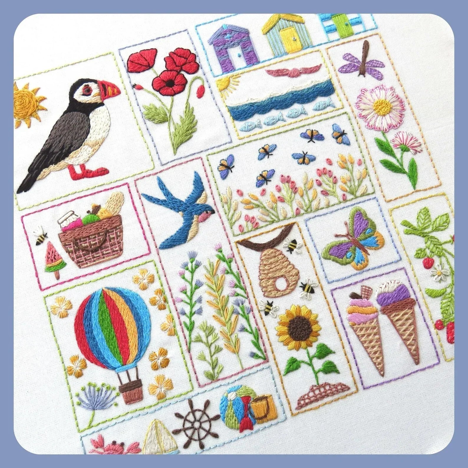 Collection of embroidered designs featuring nature-themed elements on a white background.