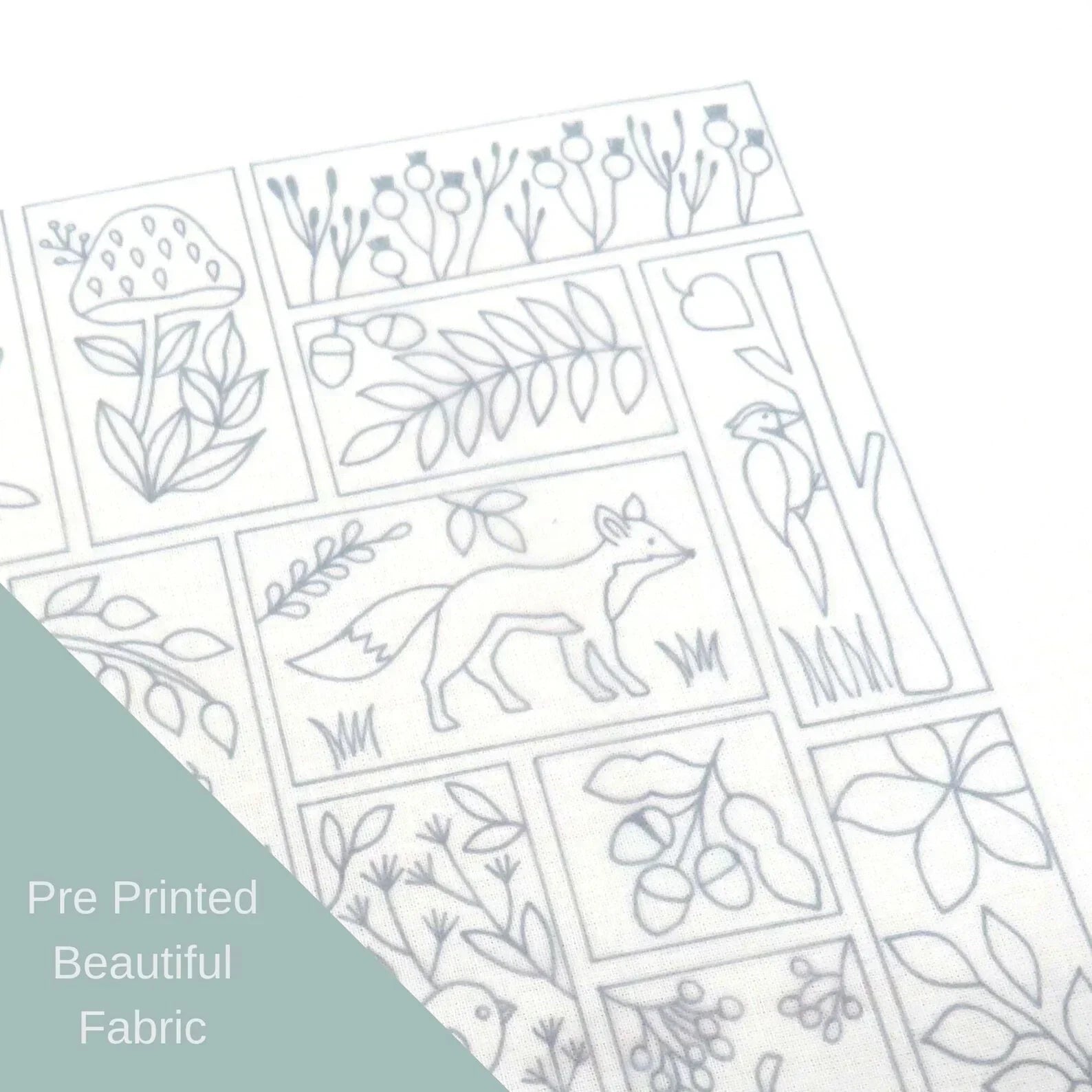 Pre-printed fabric with nature-themed designs on a white background