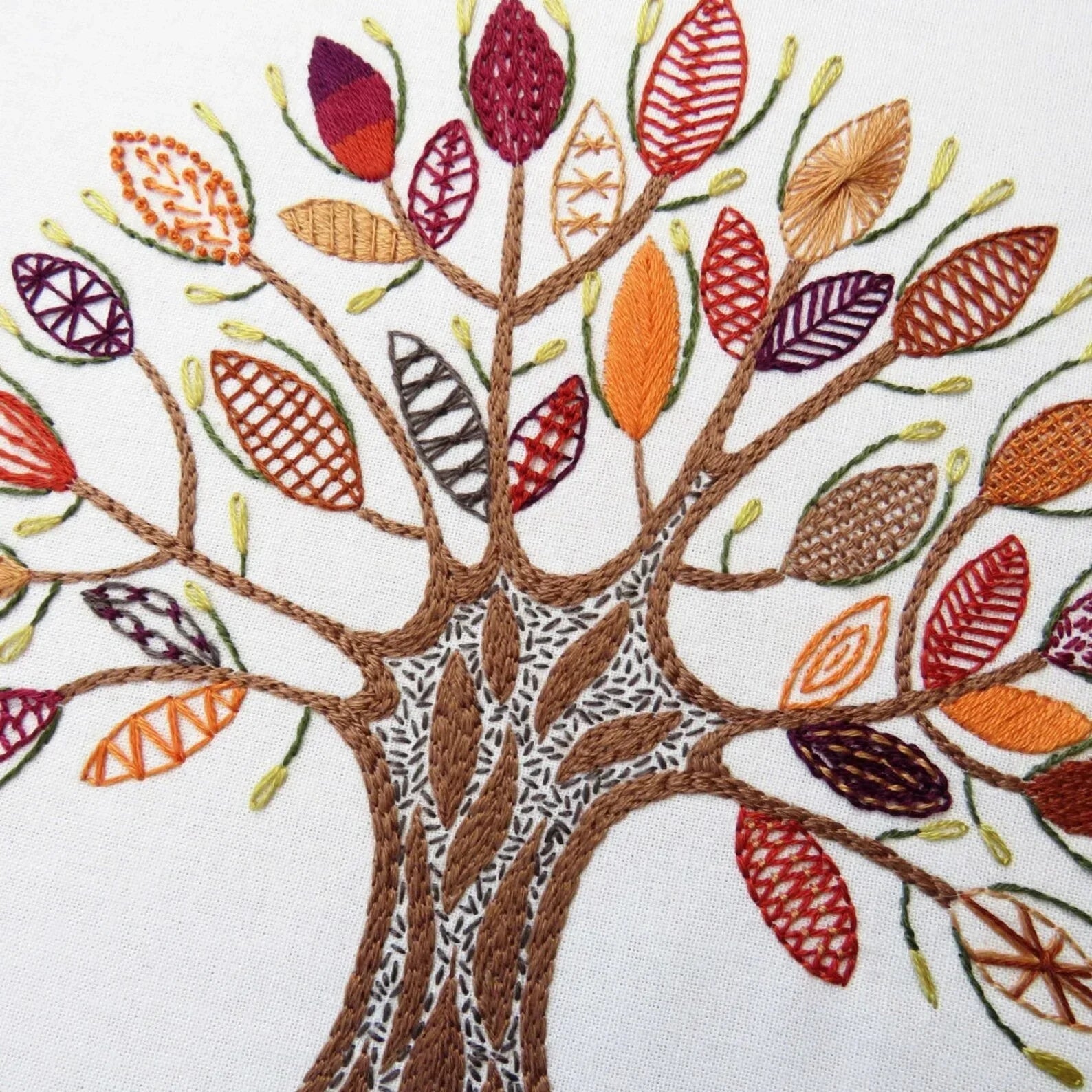 Embroidered tree with colorful leaves on a white background