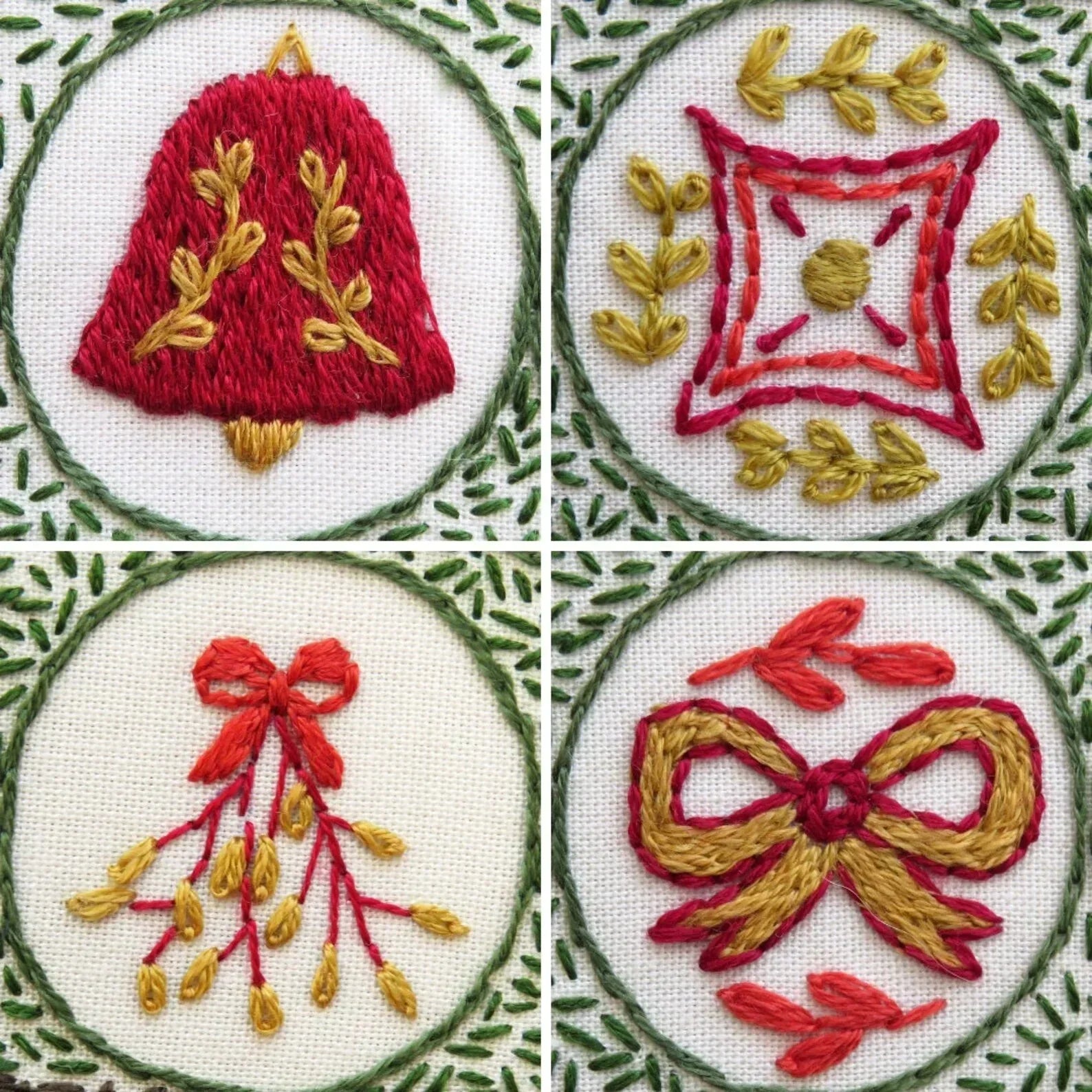 Four embroidered designs featuring red and gold patterns on a white background.